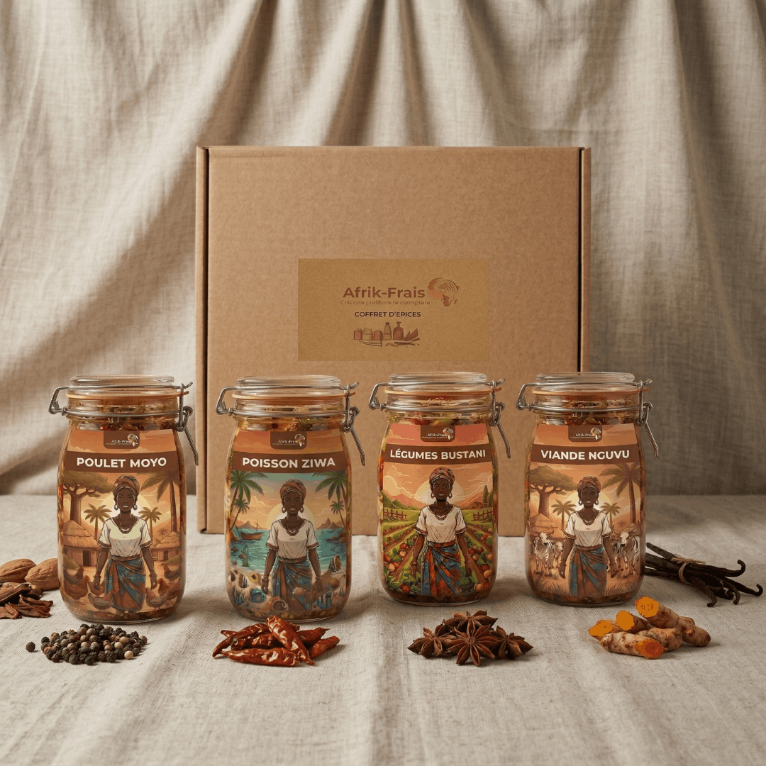Coffret Afrik-Frais avec quatre marinades devant un packaging kraft