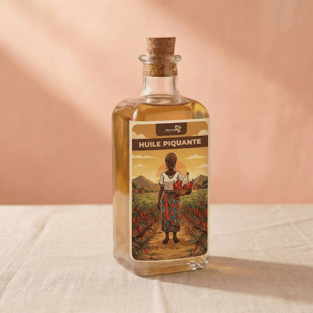 Bouteille Afrik-Frais Huile Piquante avec étiquette illustrée