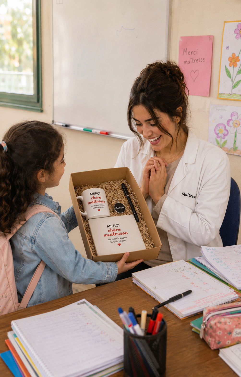 Enseignante tenant une box cadeau Happy Label personnalisée