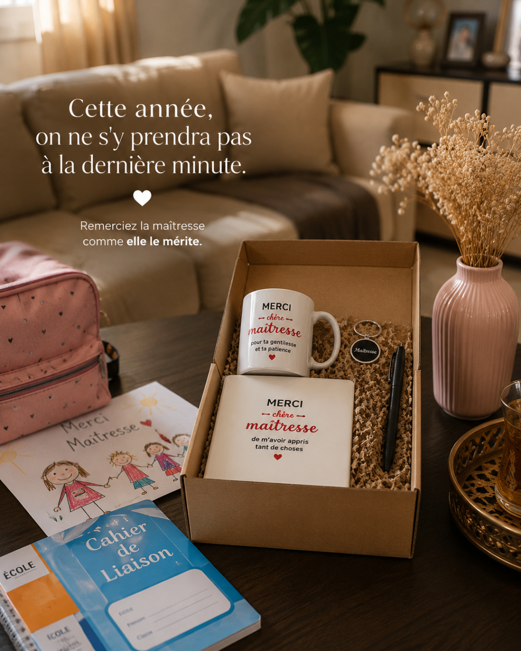 Élève offrant une box cadeau Happy Label à sa maîtresse en classe
