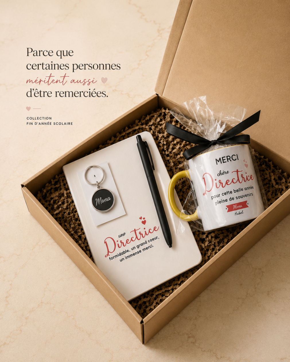 Box cadeau Happy Label pour directrice avec mug, carnet et porte-clés personnalisés