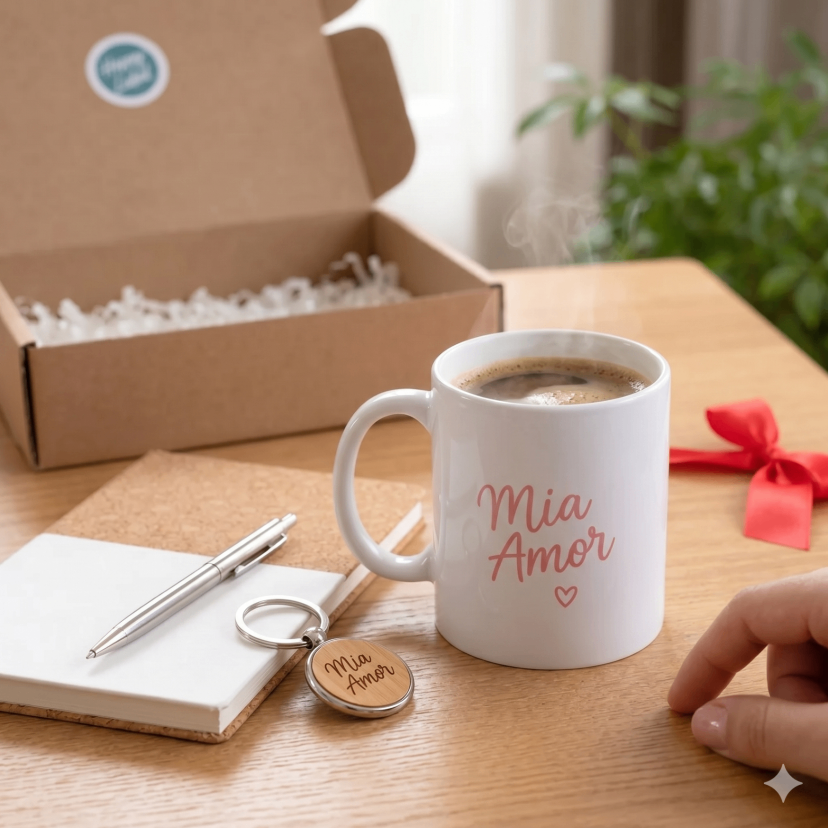 Mug personnalisé Happy Label avec porte-clés et carnet sur bureau
