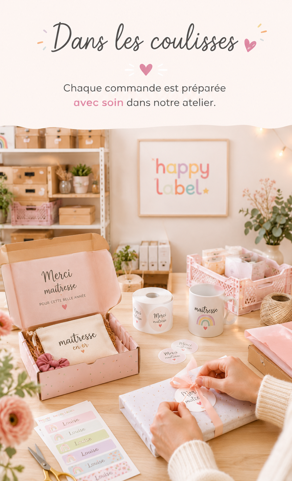 Coulisses de préparation des commandes Happy Label dans un atelier lumineux