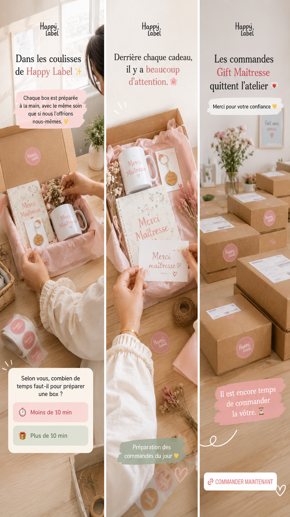 Triptyque Happy Label montrant les coulisses et la préparation des commandes Gift Maîtresse