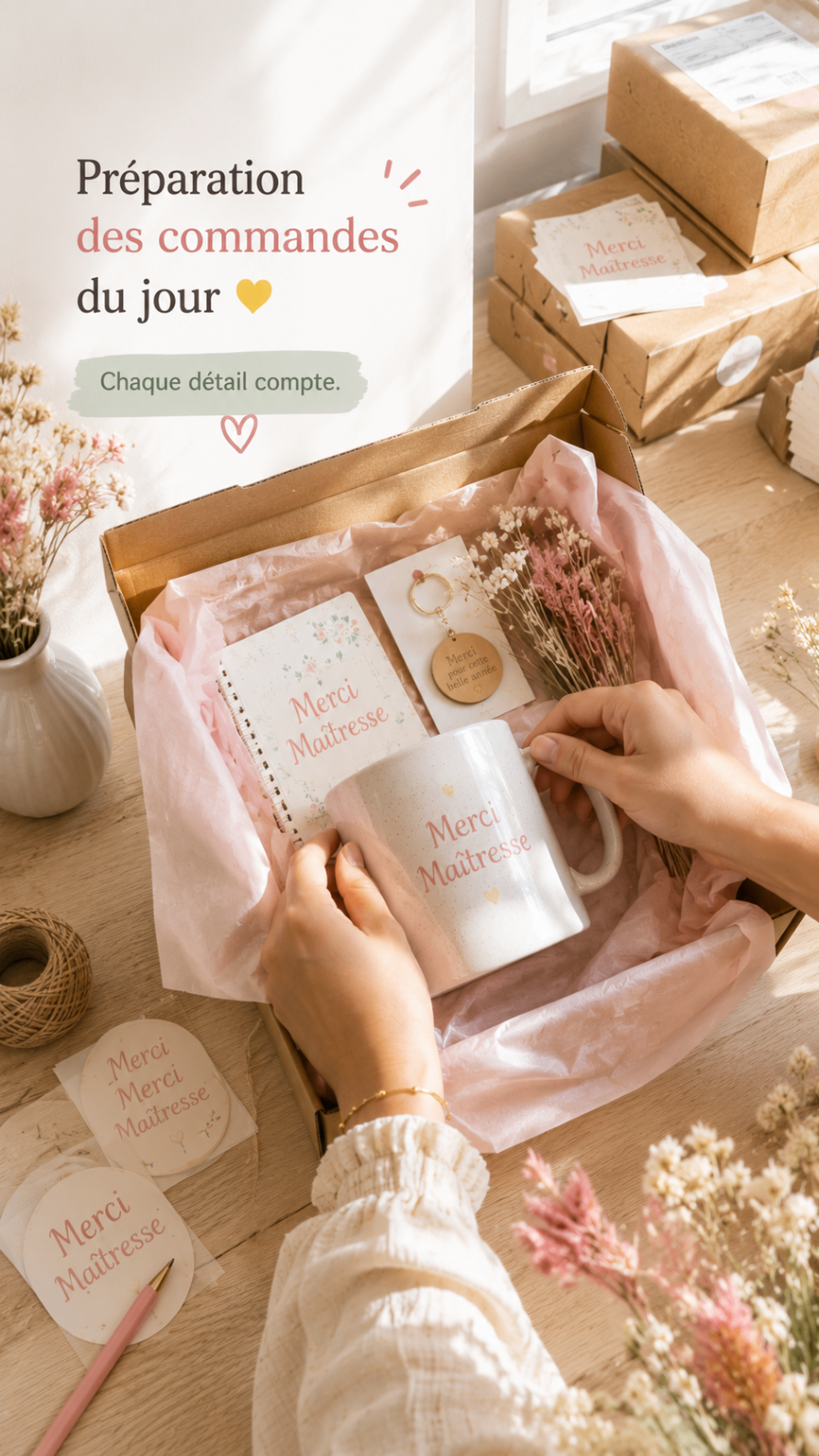 Préparation des commandes Happy Label avec produits personnalisés pour maîtresse