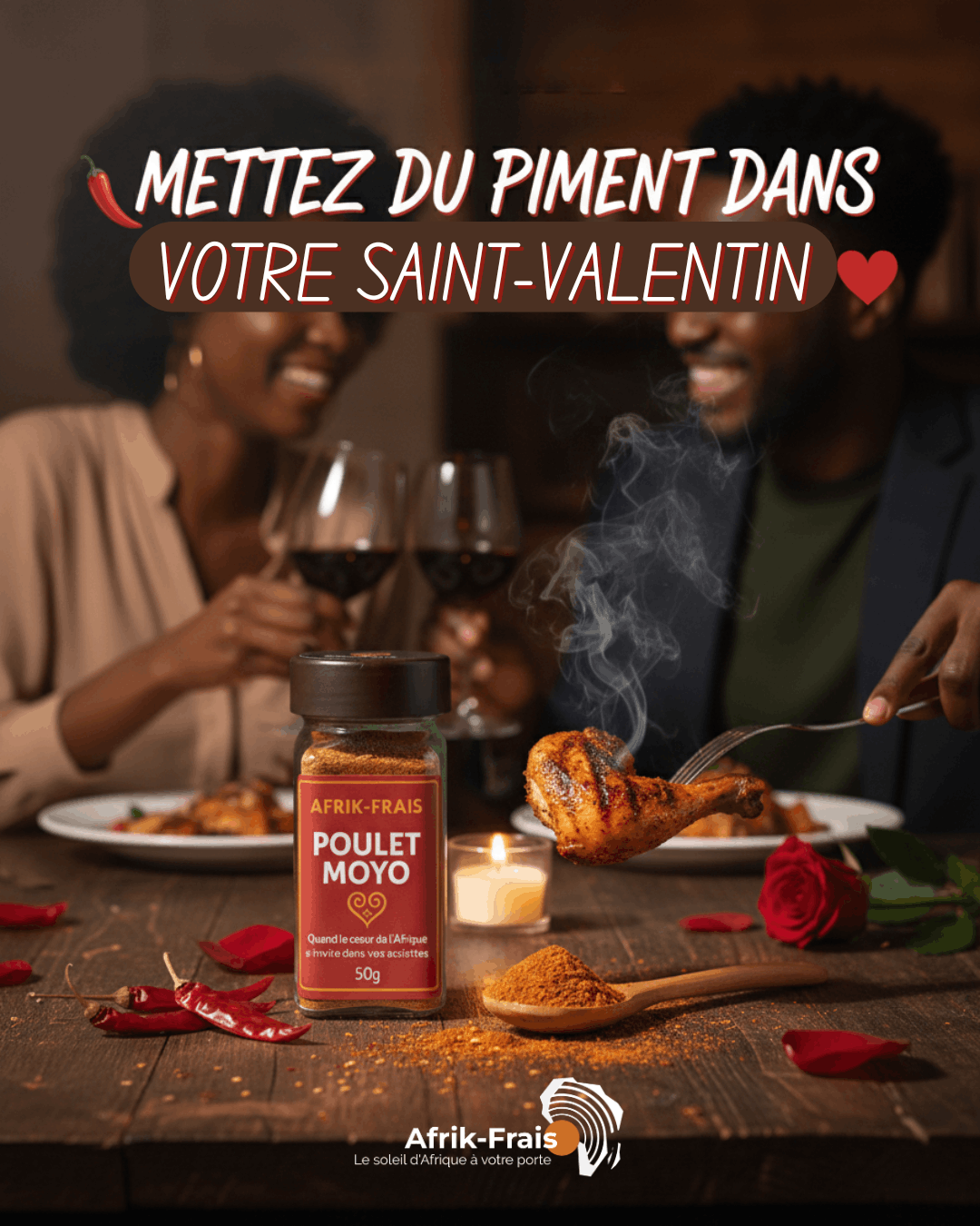 Visuel Saint-Valentin Afrik-Frais avec plat, épices et message romantique